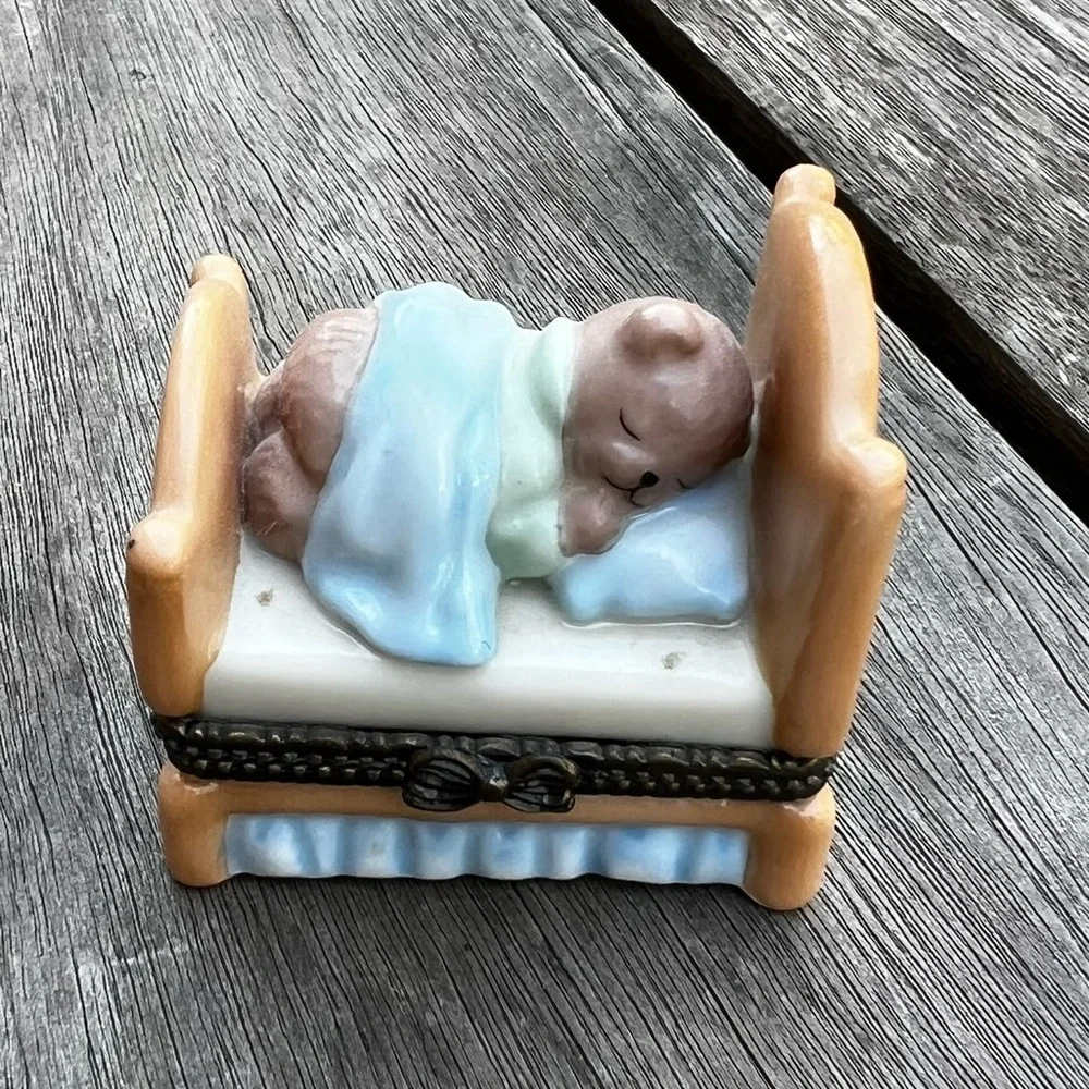 Sleeping Baby Bear Porcelain Hinged Keepsake Decorative Trinket Box